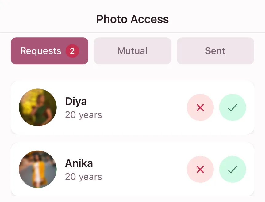 The Tamil Meet app's Photo Access screen: two requests to see the album, each with a decline and an accept button.