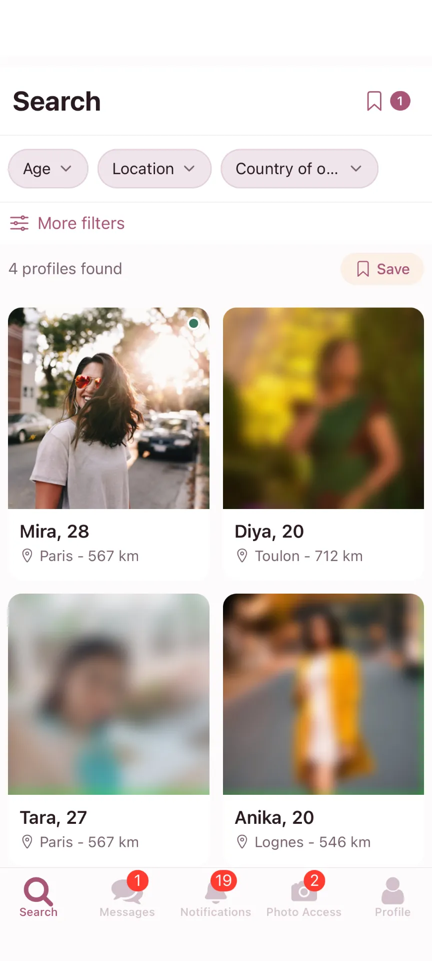 The Tamil Meet app's Search screen: age, location and country-of-origin filters, four profiles found, and profile photos left blurred except for one person who has granted access.